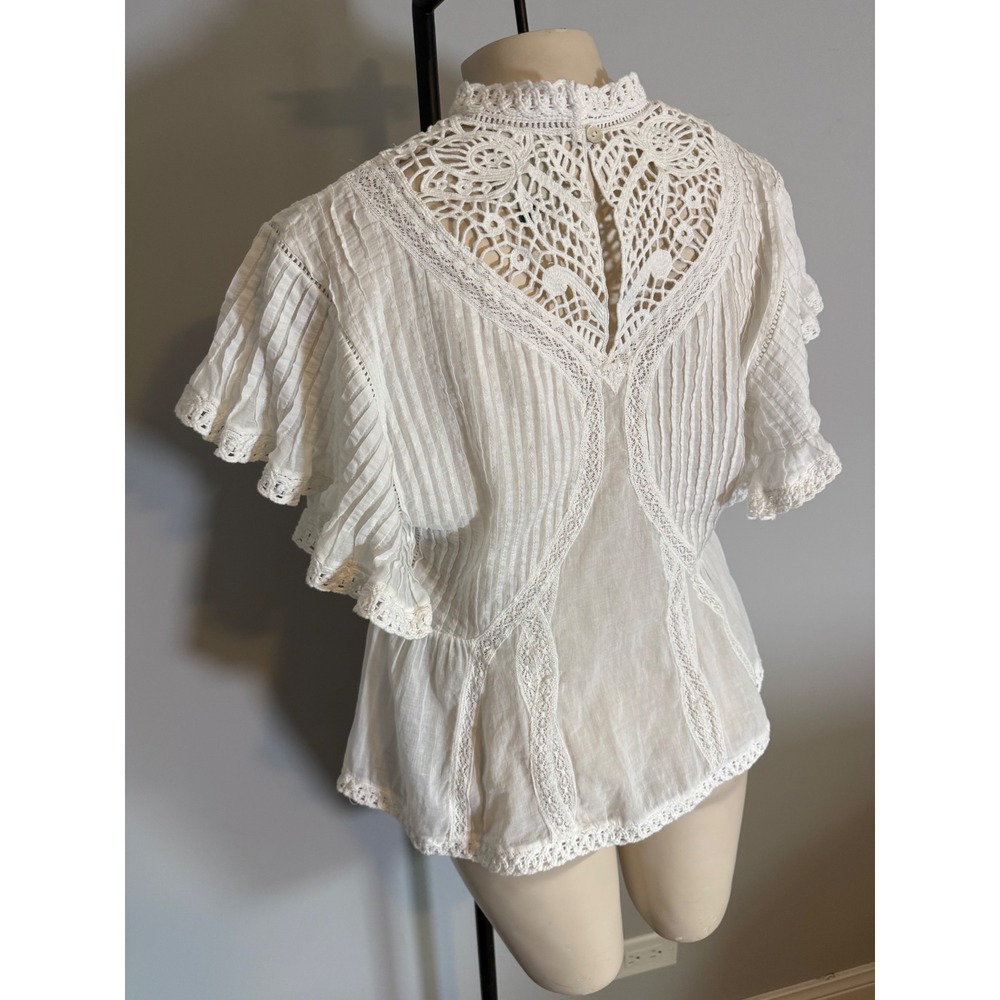 Farm Rio White Cotton Crochet Lace Pintuck Blouse Mock Neck Flutter Sleeve M - Picture 7 of 9